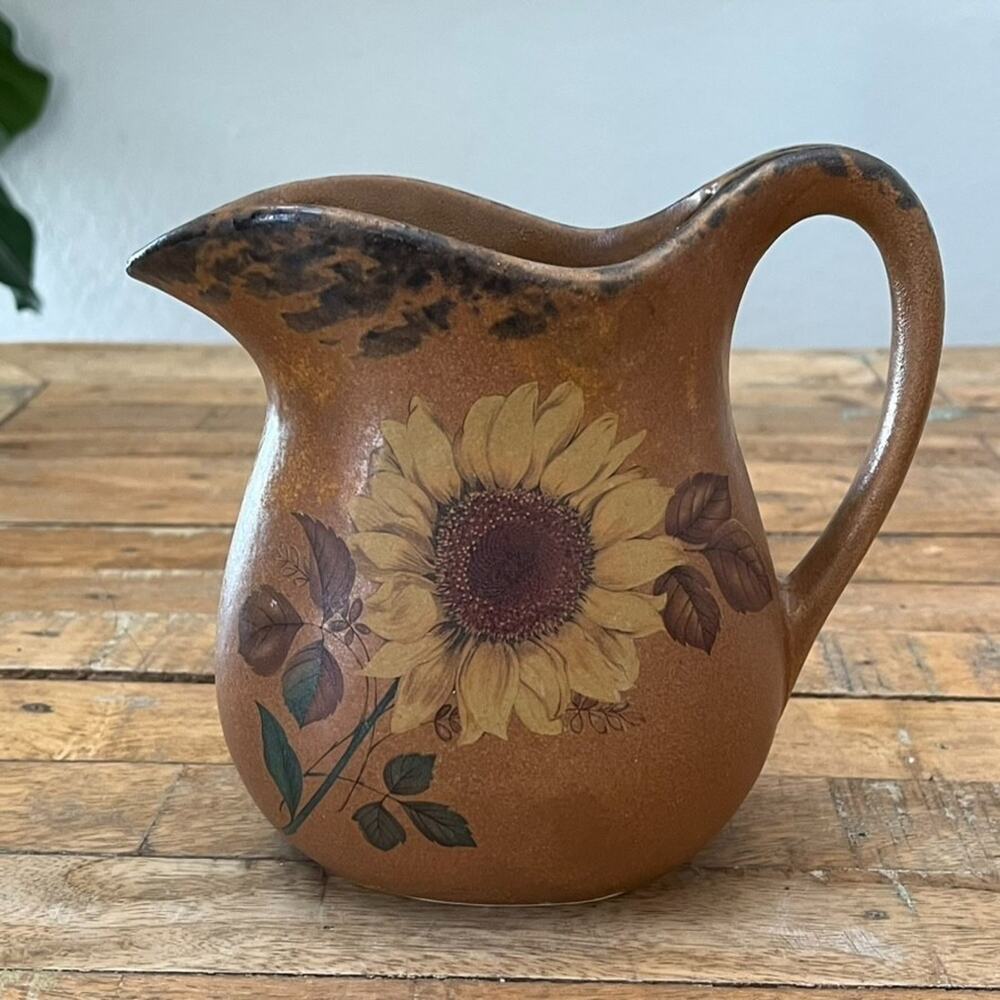 Vintage McCoy Pottery Small Pitcher 6.5" Rustic Sunflower Design Farmhouse Style